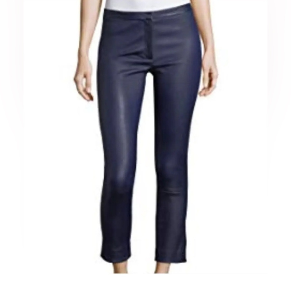 Theory Bristol leather classic skinny pant in navy blue.